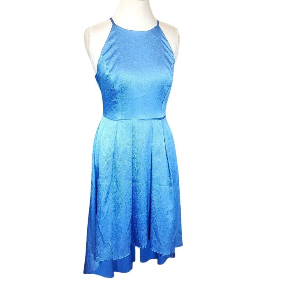 Aidan Mattox Sz 8 Blue Halter Pleated High low Special Occasion Dress‎ Fit Flare